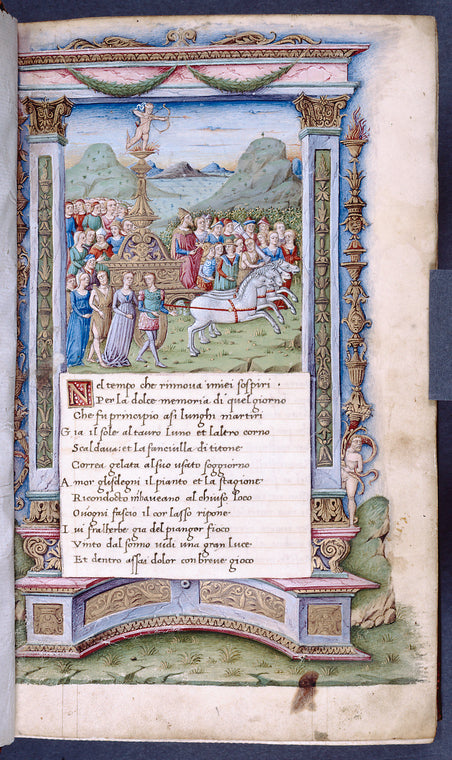Miniature, border, and opening of Trionfi with a blinded Cupid shooting an arrow from atop the cart drawn by white horses