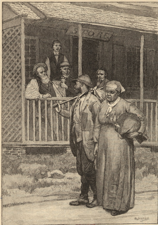 [Enslaved people walking past a storefront as white men look on]