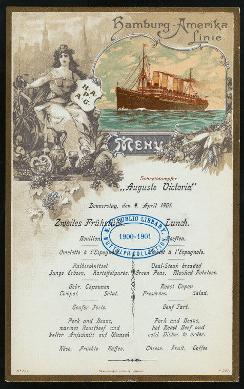 ZWEITES FRUHSTUCK [held by] HAMBURG-AMERIKA LINIE [at] "SCHNELLDAMPFER ""AUGUSTE VICTORIA""" (SS;)
