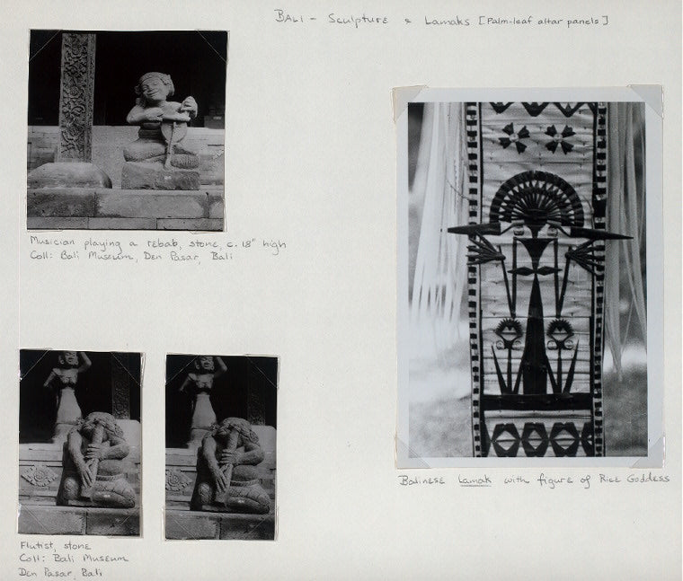 Bali - Sculpture & Lamaks [Palm-leaf altar panels]: (1) Musician playing a rebab, stone, c. 18" high (top left); (2,3) Flutist, stone (bottom left); Balinese Lamak with figure of Rice Goddess (extreme right)