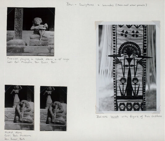 Bali - Sculpture & Lamaks [Palm-leaf altar panels]: (1) Musician playing a rebab, stone, c. 18" high (top left); (2,3) Flutist, stone (bottom left); Balinese Lamak with figure of Rice Goddess (extreme right)