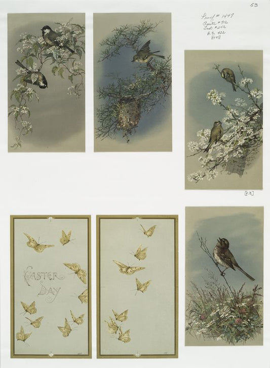 Easter cards depicting birds and butterflies on tree branches.