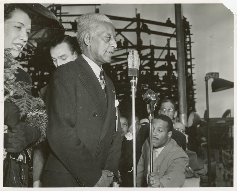Haley Douglass, grandson of the noted Abolitionist, addressing the workers and congratulating the crew of the SS Frederick Douglass on the day of its launching