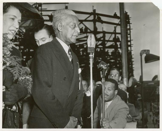 Haley Douglass, grandson of the noted Abolitionist, addressing the workers and congratulating the crew of the SS Frederick Douglass on the day of its launching