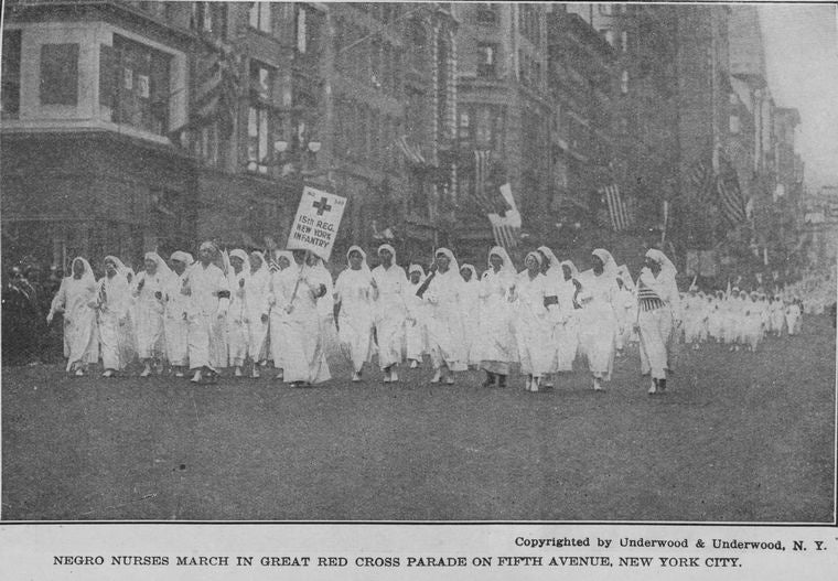 Negro nurses march in Great Red Cross Parade on Fifth Avenue, New York City.