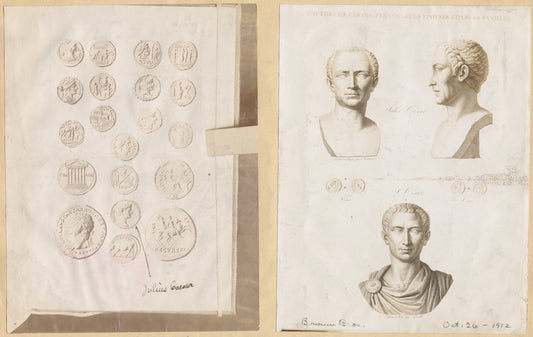 Coin with Julius Cæsar's name - Julius Cæsar's bust in various postures.