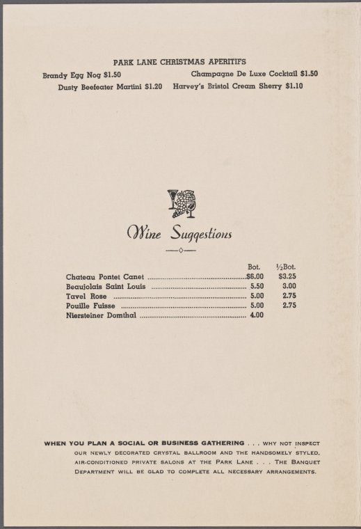 Sunday Christmas dinner menu, Park Lane