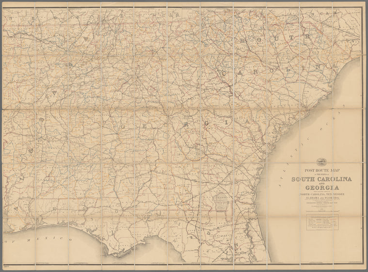 Post route map of the States of South Carolina and Georgia : with adjacent parts of North Carolina, Tennessee, Alabama and Florida : showing post offices with the intermediate distances and mail routes in operation on the 1st of February 1885