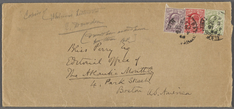 Dowden, Edward, 9 letters to. Copied and abstracted by Dowden for Bliss Perry. Aug. 22, 1871 - Nov. 21, 1888.