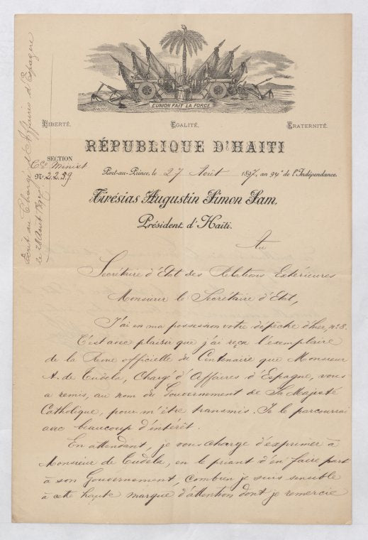 T. A. S. Sam, President of Haiti; Port-au-Prince, Haiti, to the Secretary of State, concerning relations with Spain. [no. 2259]