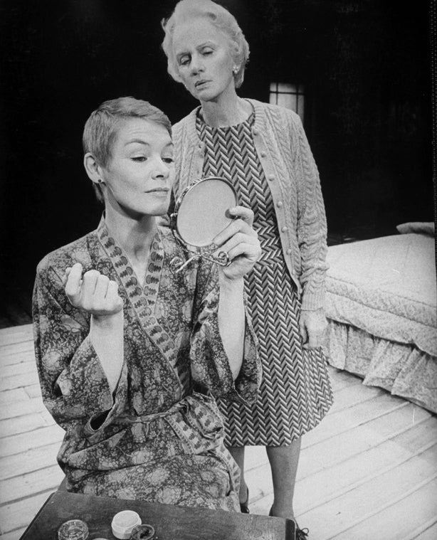(L-R) Actresses Glenda Jackson and Jessica Tandy looking into a hand mirror in a scene from the Broadway production of the play "Rose"