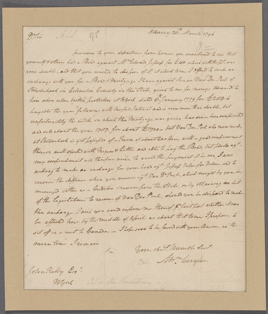Cuyler, Abraham. Albany. To John Kelly