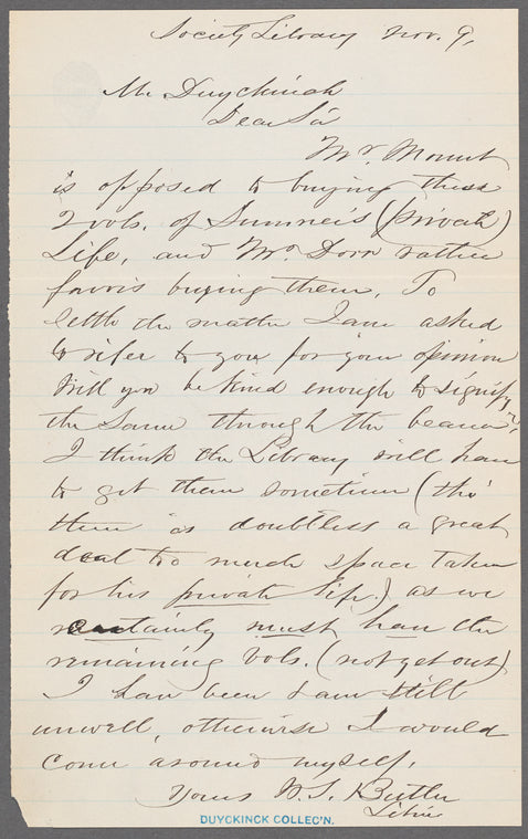 Letter to Mr. Duyckinck written November 9th (?)