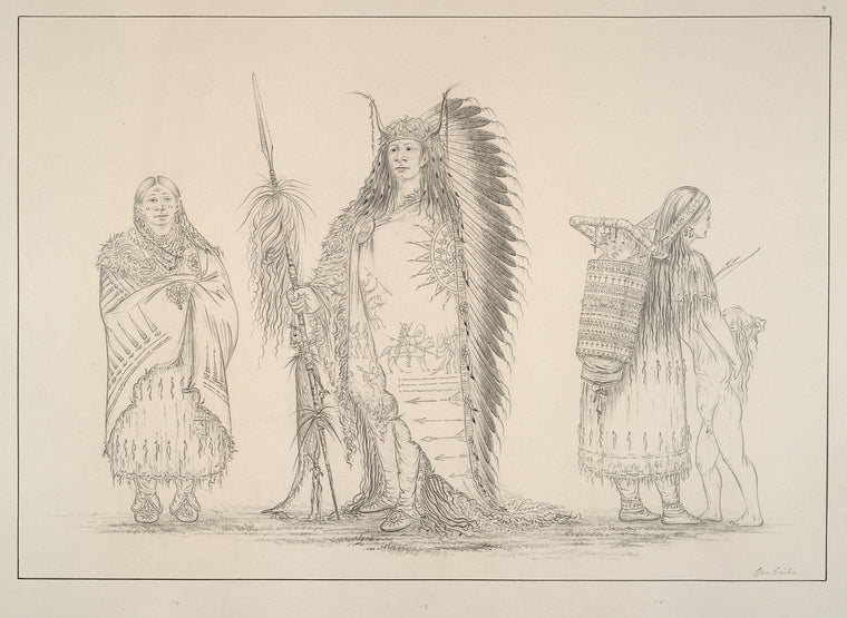 Sioux. 13. Ee-ah-sa-pa (the Black Rock), War Chief of the Sioux tribe, ... ; 14. Wi-looh-tah-eeh-tchah-ta-ma-nee (the Red thing that touches the groung in marching), daughter of the Chief, ... ; 15.  Wife of the Chief, with her infant ...
