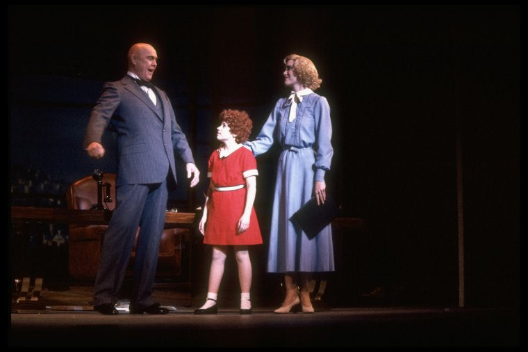 Actors (L-R) Harve Presnell, Danielle Findley & Lauren Mitchell in a scene fr. the Broadway-bound musical "Annie 2: Miss Hannigan's Revenge." WASHINGTON