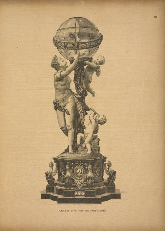 Clock in gold, ivory and enamel work.