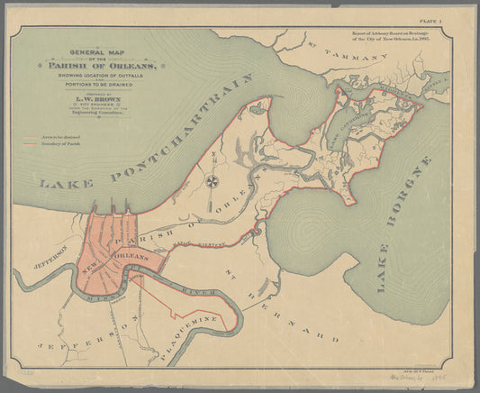 Plate I: General map of the Parish of Orleans showing the outfalls and portion to be drained