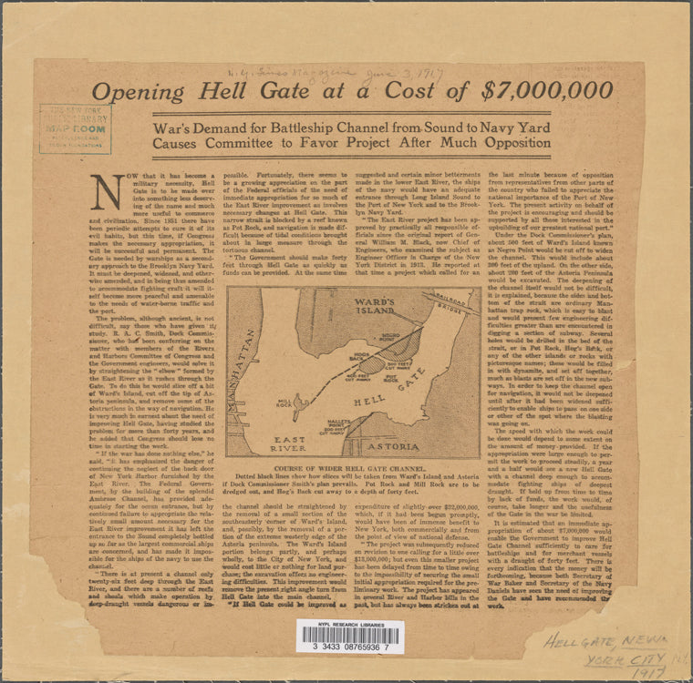 Opening Hell Gate at a cost of $7,000,000 : course of wider Hell Gate channel
