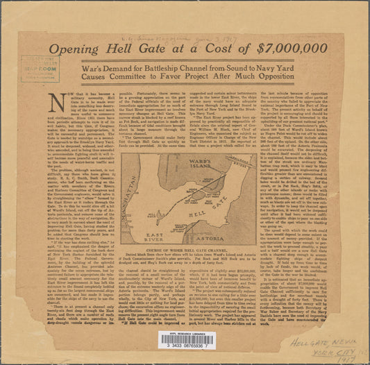 Opening Hell Gate at a cost of $7,000,000 : course of wider Hell Gate channel