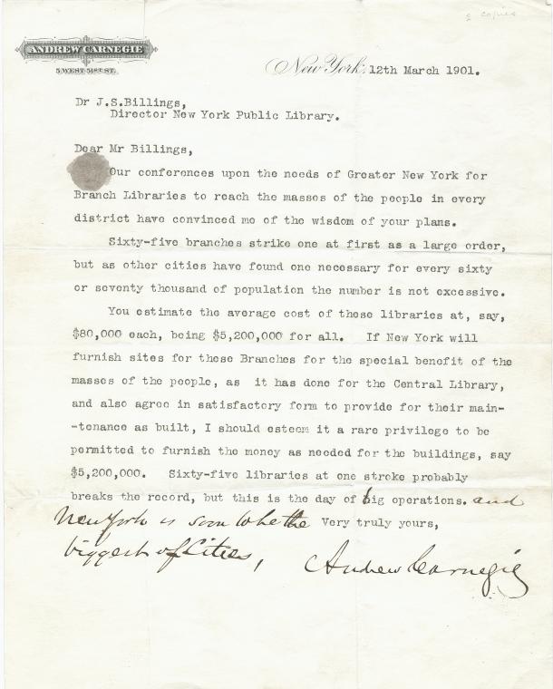 Letter from A. Carnegie to Dr. J.S. Billings, 12th March 1901
