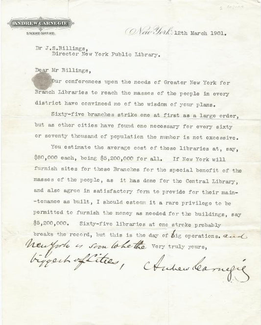Letter from A. Carnegie to Dr. J.S. Billings, 12th March 1901