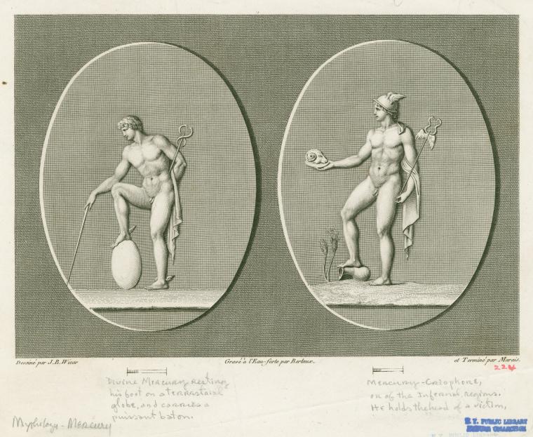 Mercury resting his foot on a terrestrial globe ; Mercury holding the head of a ram
