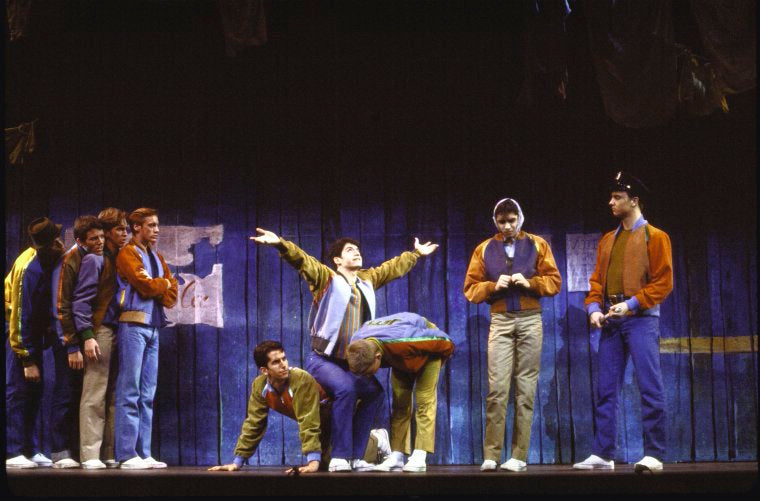 Actors (L-R) Brent Barrett, Stephen Bogardus, Reed Jones, G. Russell Weilandich, Mark Fotopoulos, Mark Bove, Todd Lester, Brian Kaman & Cleve Asbury in a scene fr. the Broadway revival of the musical "West Side Story." (New York)