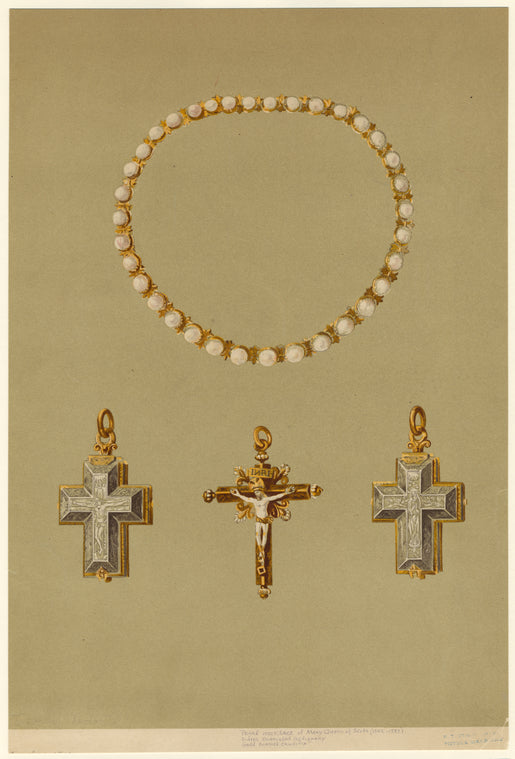 Pearl necklace of Mary Queen of Scots (1542-1587) ; Silver enameled reliquary ; Gold enamel crucifix