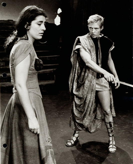 Irene Papas and Christopher Walken in the stage production Iphigenia in Aulis, Circle in the Square, 1968.
