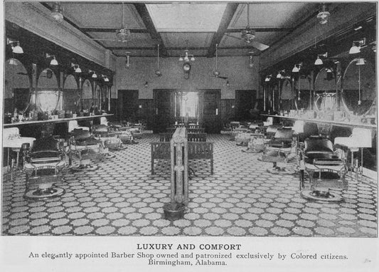 Luxury and comfort; An elegantly appointed barber shop owned and patronized exclusively by colored citizens, Birmingham, Alabama.