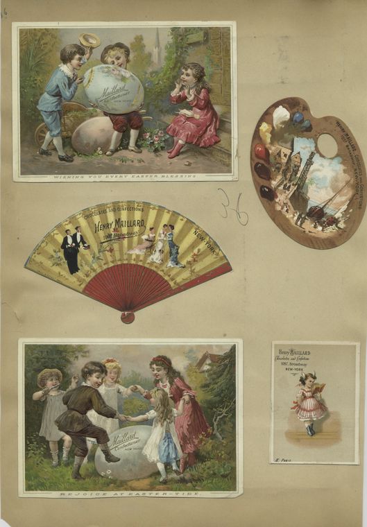Easter and trade cards depicting fans, painting palettes, large eggs, a dance, a wharf, reading, and children playing ring-around-a-rosy.