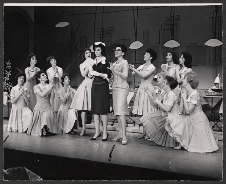 Bonnie Scott, Claudette Sutherland [center] and ensemble in the stage production How to Succeed in Business Without Really Trying