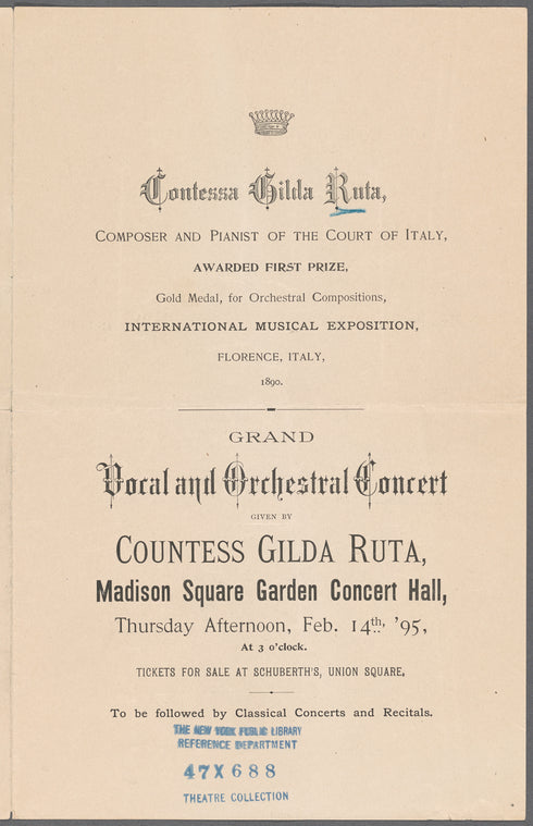 Grand vocal and orchestral concert given by Countess Gilda Ruta