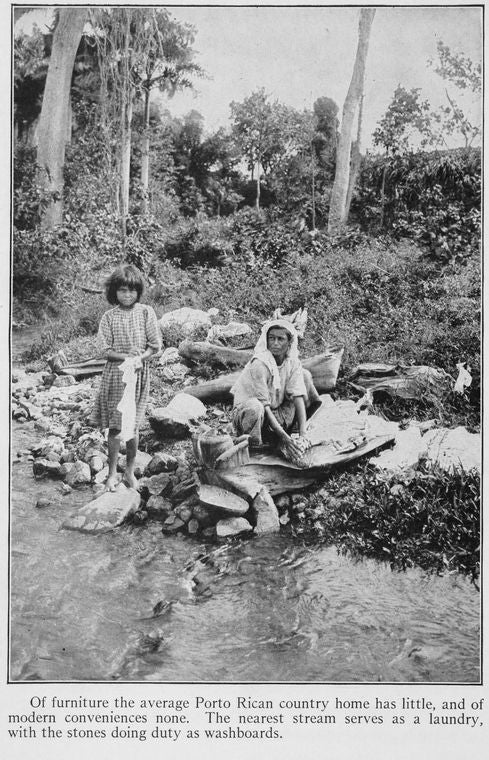 Of furniture the average Porto Rican country home has little, and of modern conveniences none. The nearest stream serves as a laundry, with the stones doing duty as washboards.