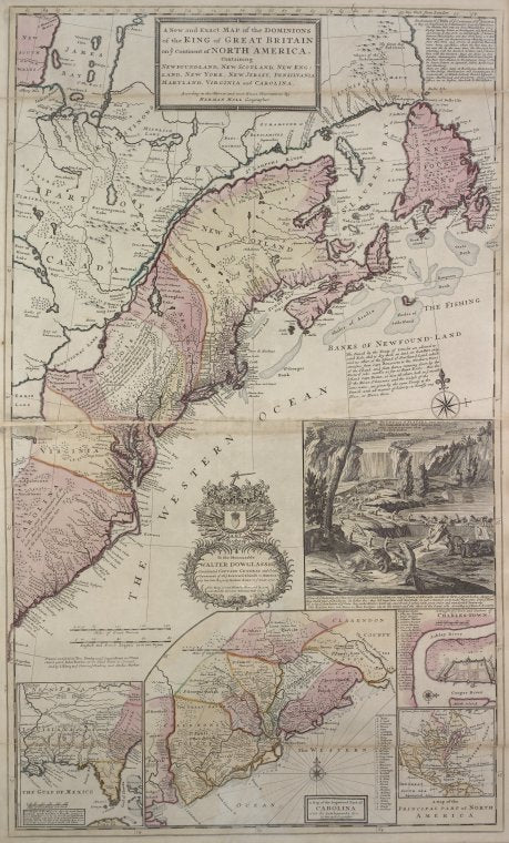 A new and exact map of the dominions of the King of Great Britain on ye continent of North America: containing Newfoundland, New Scotland, New England, New York, New Jersey, Pensilvania, Maryland, Virginia and Carolina