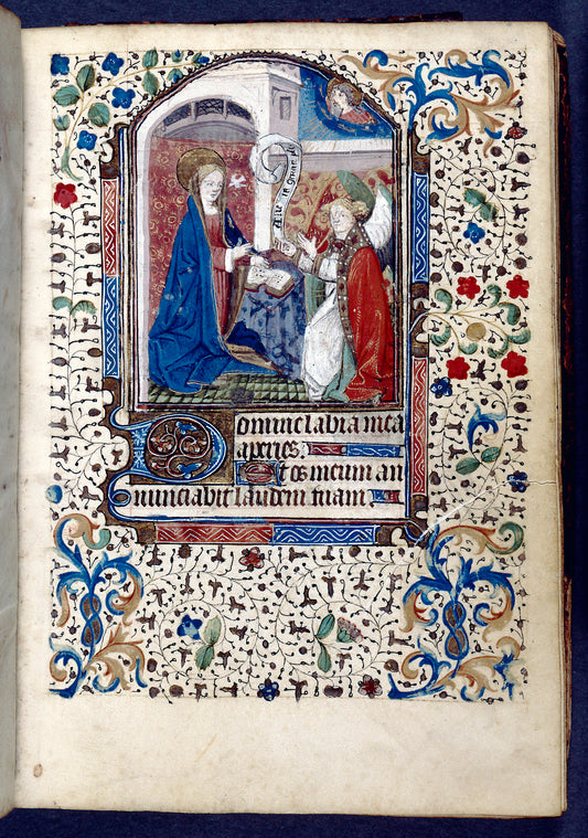 Miniature of Annunciation, initials, linefillers, and border design