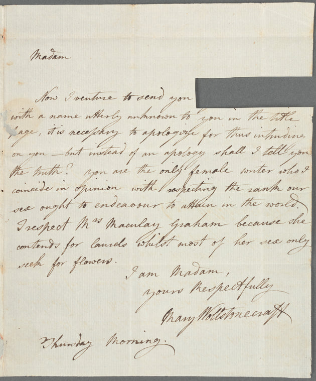 Mary Wollstonecraft autograph letter signed to Catharine Macaulay, [December 1790]