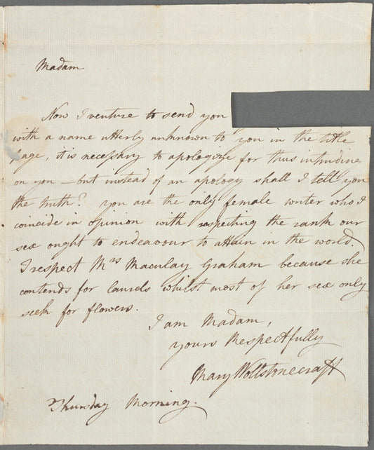Mary Wollstonecraft autograph letter signed to Catharine Macaulay, [December 1790]