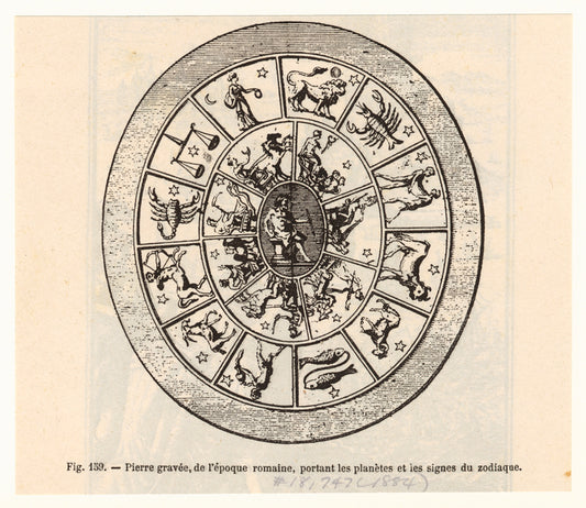 Pierre gravée, de l'époque romaine, portant les planètes et les signes du zodiaque.