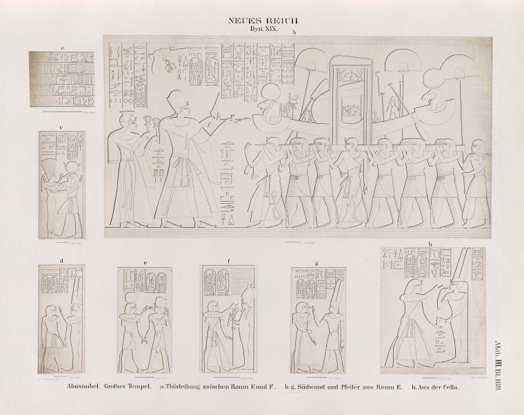 Neues Reich. Dynastie XIX.  Abusimbel [Abû Sunbul]. Grosser Tempel: a. Thürleibung zwischen Raum E und F; b - g.  Südwand und Pfeiler aus Raum E;  h. Aus der Cella.