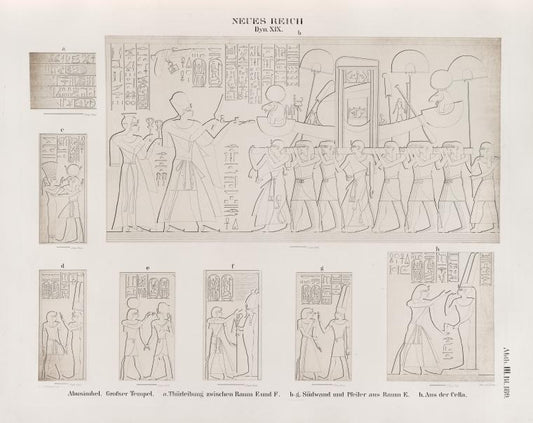 Neues Reich. Dynastie XIX.  Abusimbel [Abû Sunbul]. Grosser Tempel: a. Thürleibung zwischen Raum E und F; b - g.  Südwand und Pfeiler aus Raum E;  h. Aus der Cella.