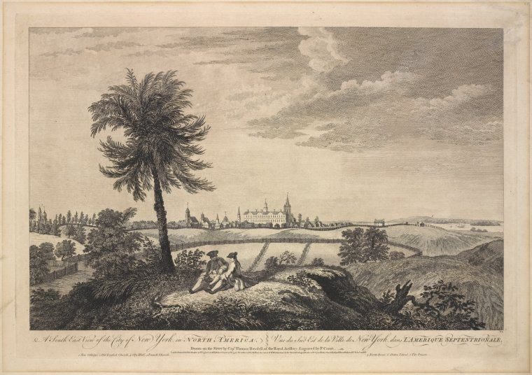 A south east view of the City of New York, in North America. 1. New Colledge. 2. Old English Church. 3. City Hall. 4. French Church. 5. North River. 6. Staten Island. 7. The prison