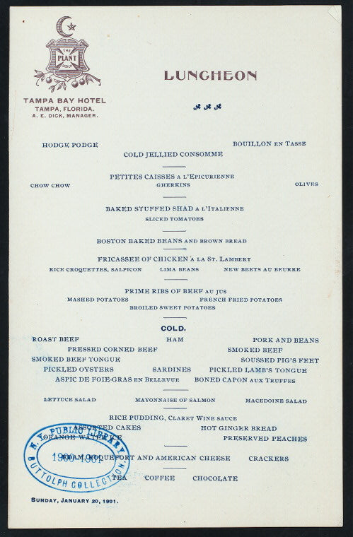 LUNCHEON [held by] TAMPA BAY HOTEL [at] "TAMPA,FLA." (HOTEL)