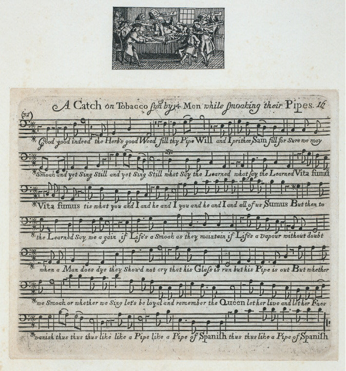 Men smoking and conversing about what tobacco it is and its merits: A catch on tobacco, sung by 4 men while smoking their pipes.