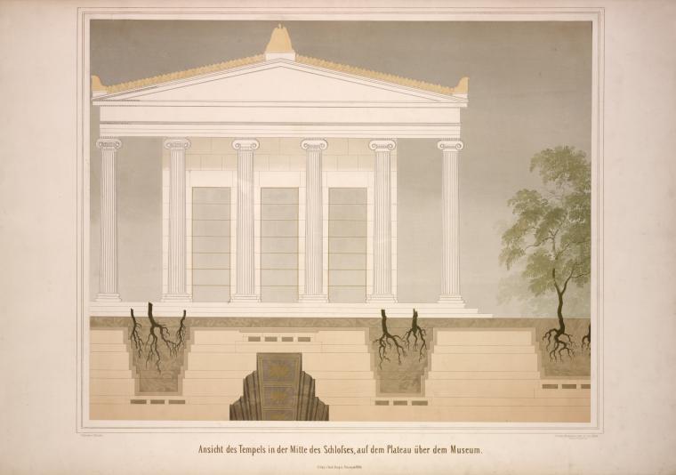 Ansicht des Tempels in der Mitte des Schlosses, auf dem Plateau über dem Museum.