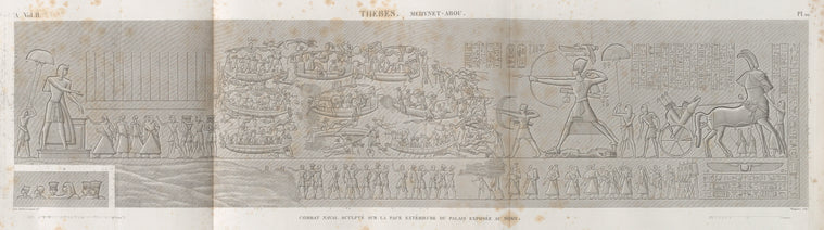 Thèbes. Medynet-Abou [Medinet Habu]. Combat naval sculpté sur la face extérieure du palais exposée au nord.