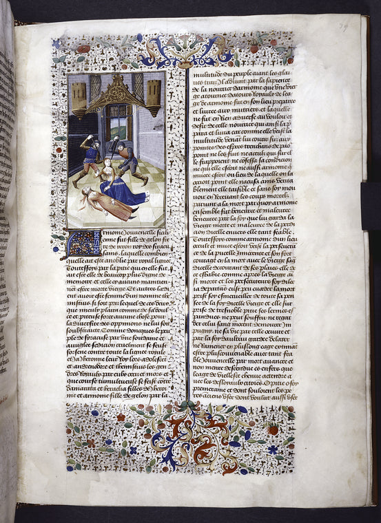 Miniature showing Harmonia kneeling in a hexagonal chamber at the corpse of a girl slain in her stead.  Harmonia accepts the blows and stabs of two soldiers.  Initial and border design.