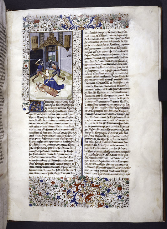 Miniature showing Harmonia kneeling in a hexagonal chamber at the corpse of a girl slain in her stead.  Harmonia accepts the blows and stabs of two soldiers.  Initial and border design.