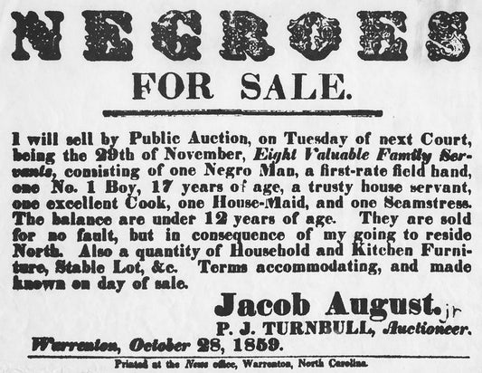 Slave sale notice, "Negroes for sale..." signed Jacob August