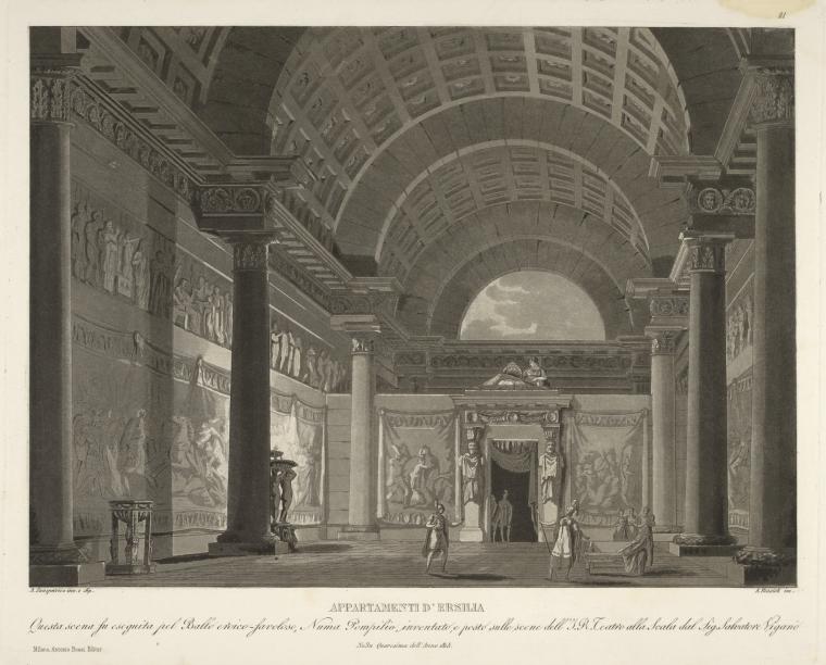 Appartamenti d'Ersilia. Questa scena fu eseguita pel ballo eroica-favoloso, Numa Pompilio, inventato, e posto sulle scene dell'I. R. Teatro alla Scala dal Sig. Salvatore Viganò, nella quaresima dell'anno 1815. A. Sanquirico inv. e dip.  A. Biasioli inc.